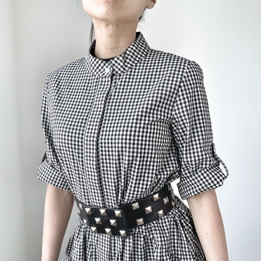 BLACK WHITE GINGHAM PLAID BUTTON DOWN FLARE MIDI DRESS